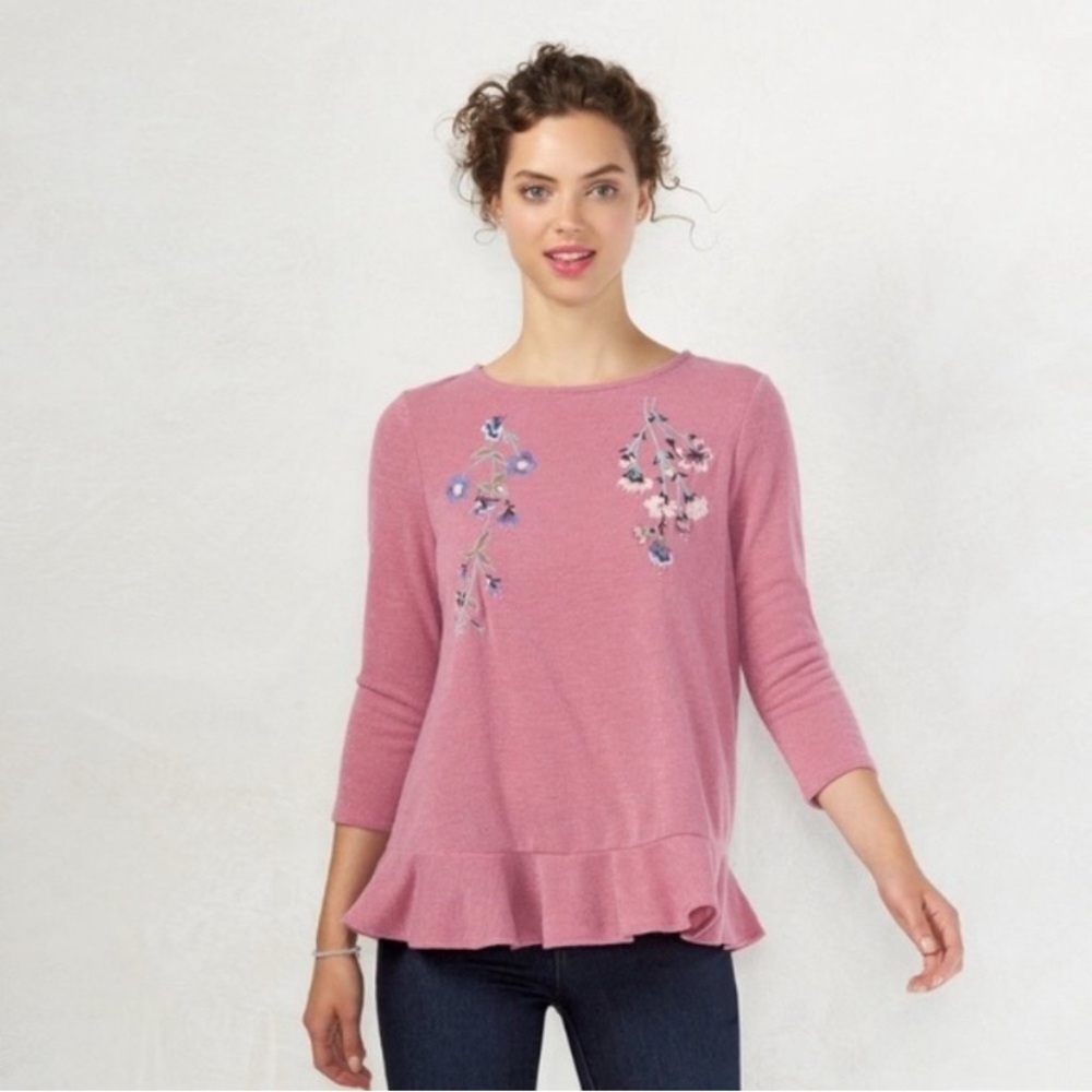 LC Lauren Conrad floral embroidered sweater with ruffle hem
